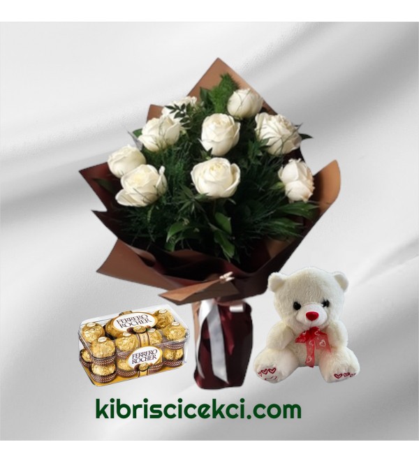 9 Beyaz Gül Buketi Ayıcık 16'lı Ferrero Çikolata